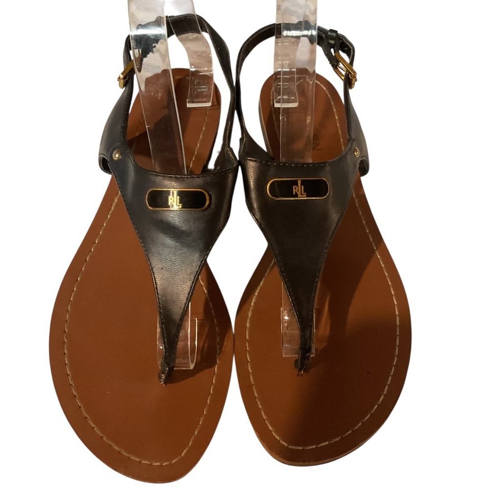 Lauren Ralph Lauren Ellington Metal Logo Patsi T-Strap Thong Flat Sandal Size 9B